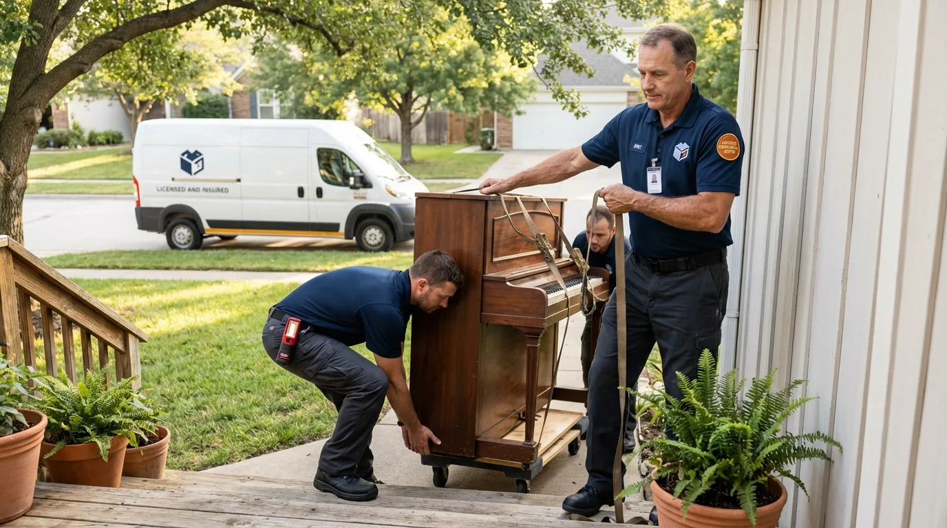 Licensed piano movers securing grand piano in Averill Park, NY