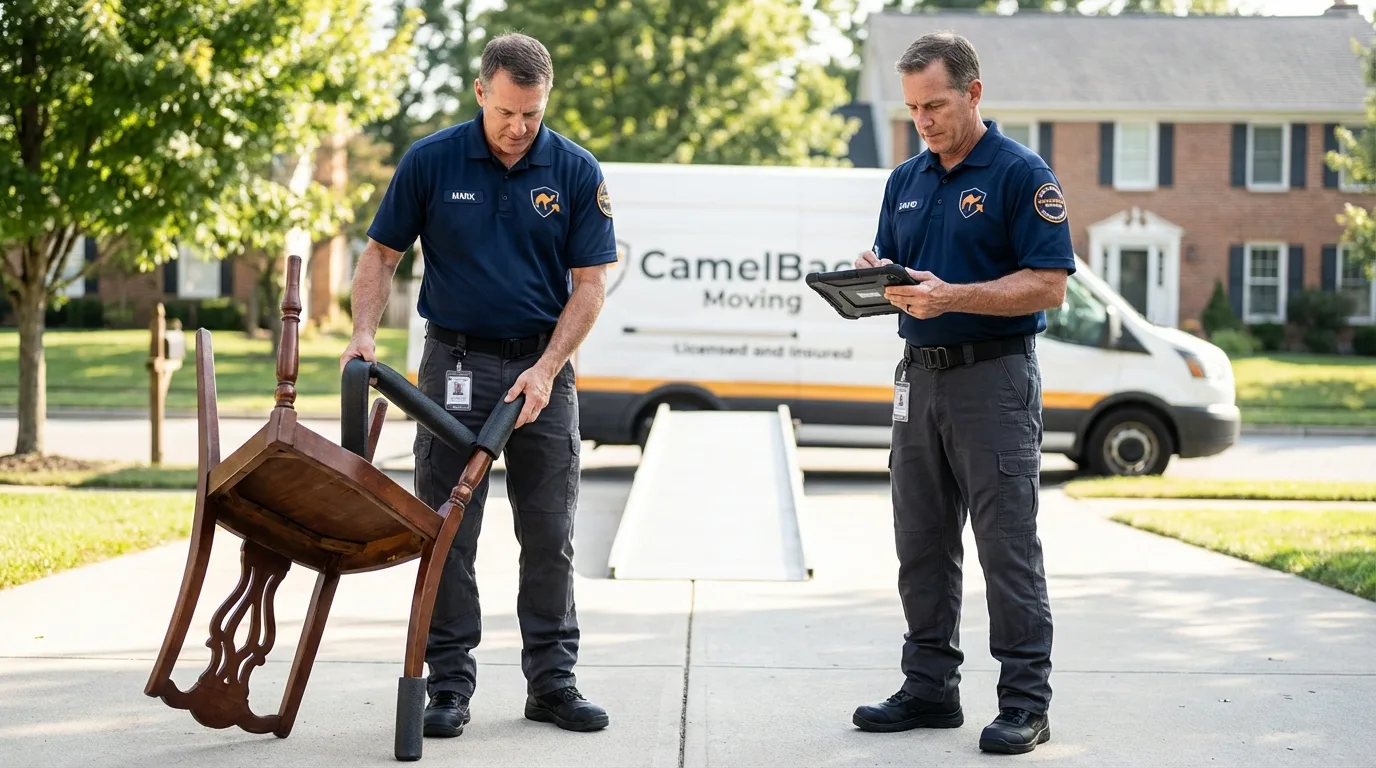 Movers inspecting furniture for damage prevention before loading in Averill Park, NY